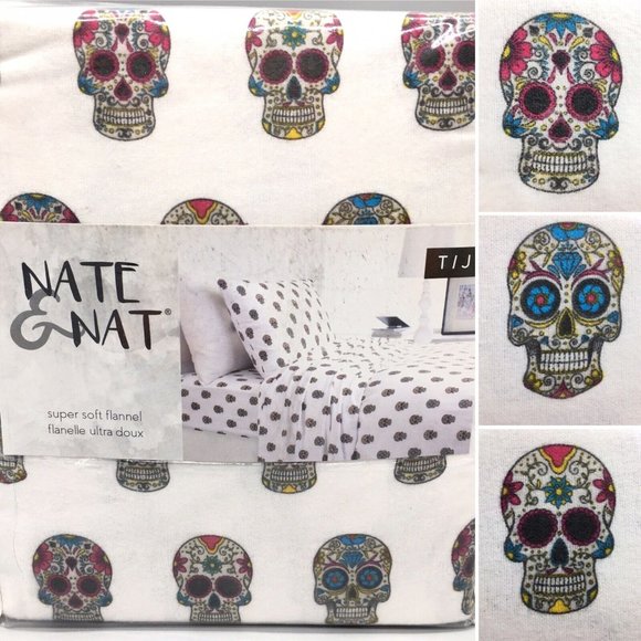 3pc Nate & Nat Halloween Sugar Skulls TWIN Flannel Sheet Set Day Of The Dead NEW - Picture 1 of 9